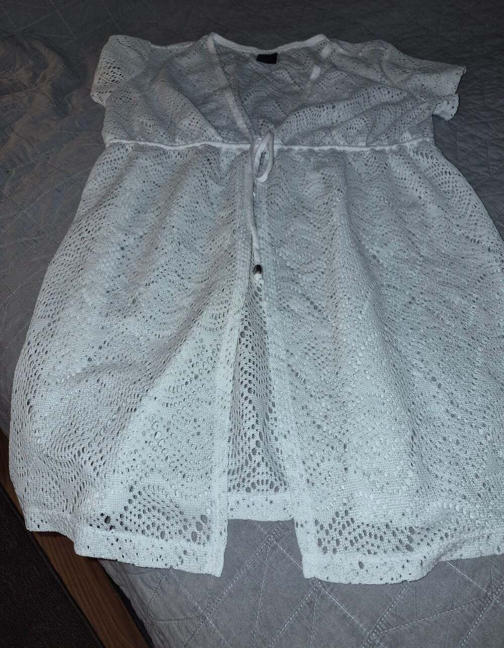 Catalina White Crochet Short Sleeve Waist Tie Swim Beach Cover-Up Dress